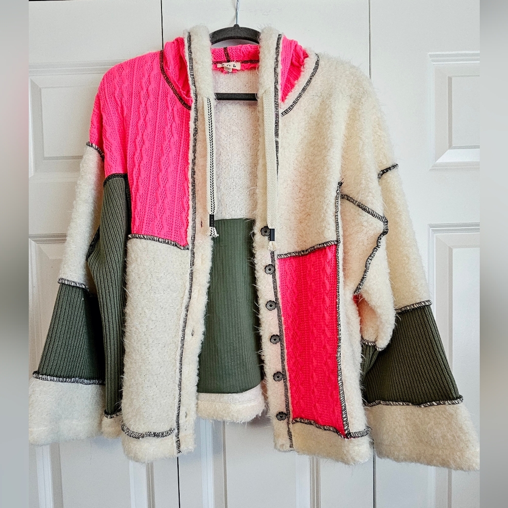 POL Wool Blend Patchwork Hooded Jacket Button Front Colorblock Boho Cozy Medium